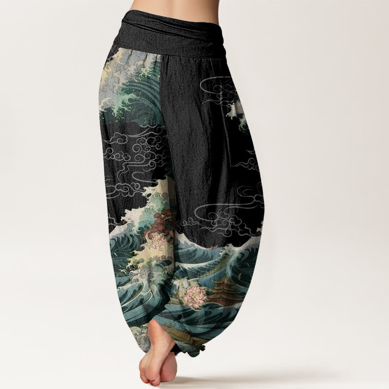 Buddha Stones Casual Blooming Lotuse Wave Pavilion Pattern Damskie spodnie haremowe z elastyczną talią - image 2