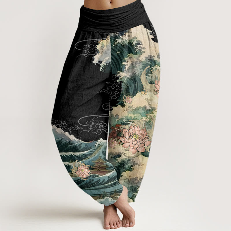 Buddha Stones Casual Blooming Lotuse Wave Pavilion Pattern Damskie spodnie haremowe z elastyczną talią - Czarny - US22, UK/AU26, EU54 (6XL) - image 1