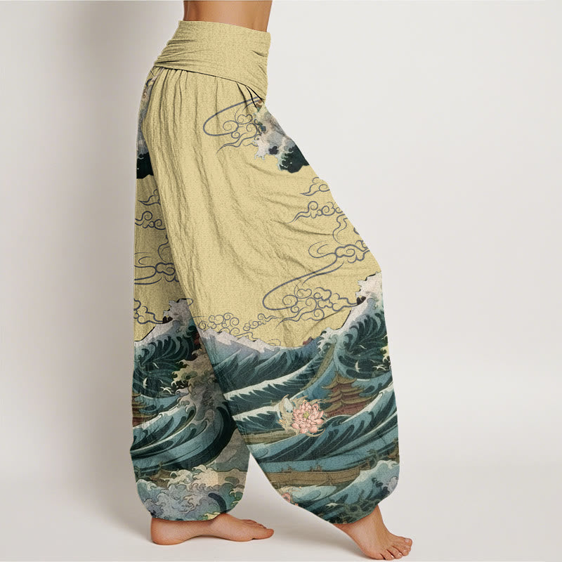 Buddha Stones Casual Blooming Lotuse Wave Pavilion Pattern Damskie spodnie haremowe z elastyczną talią - image 7