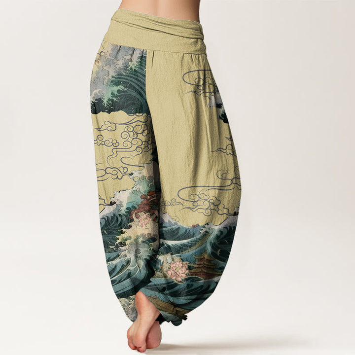 Buddha Stones Casual Blooming Lotuse Wave Pavilion Pattern Damskie spodnie haremowe z elastyczną talią - image 6
