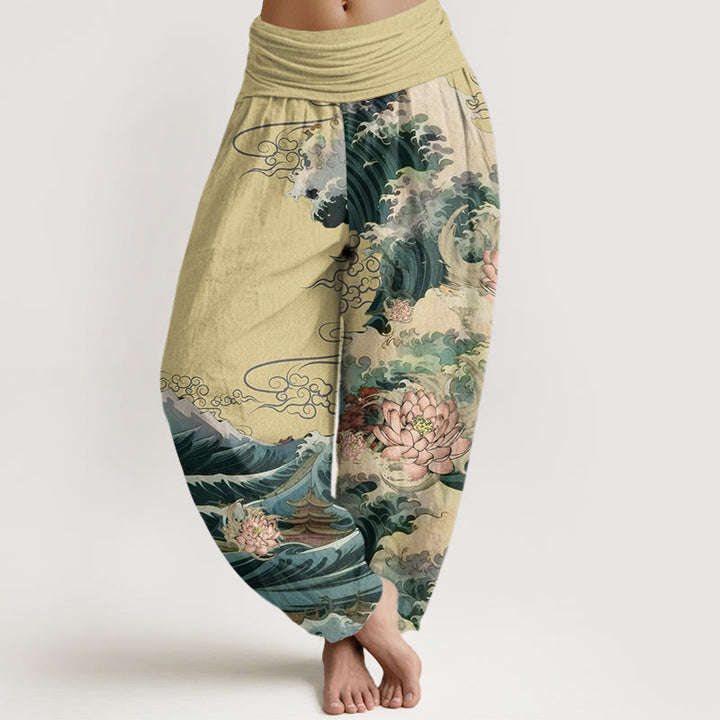 Buddha Stones Casual Blooming Lotuse Wave Pavilion Pattern Damskie spodnie haremowe z elastyczną talią - Khaki - US22, UK/AU26, EU54 (6XL) - image 5