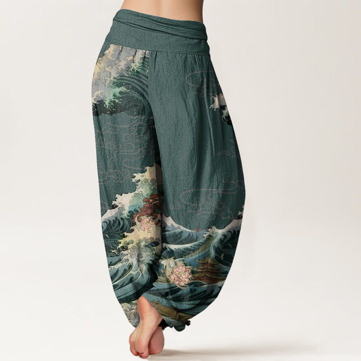 Buddha Stones Casual Blooming Lotuse Wave Pavilion Pattern Damskie spodnie haremowe z elastyczną talią - image 9