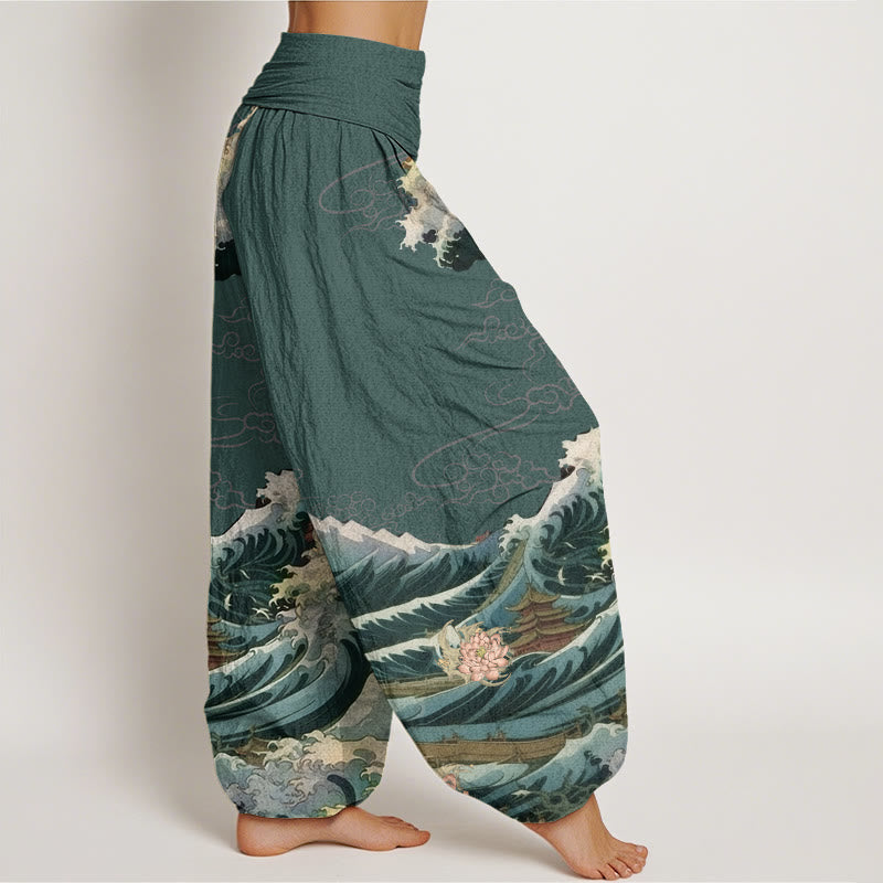 Buddha Stones Casual Blooming Lotuse Wave Pavilion Pattern Damskie spodnie haremowe z elastyczną talią - image 10