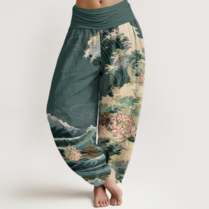 Buddha Stones Casual Blooming Lotuse Wave Pavilion Pattern Damskie spodnie haremowe z elastyczną talią - SeaGreen - US22, UK/AU26, EU54 (6XL) - image 8