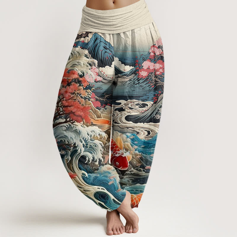 Buddha Stones Casual Kwitnące Drzewo Koi Ryba Fala Góra Wzór Damskie Elastyczne Spodnie Haremowe - Beżowy - US22, UK/AU26, EU54 (6XL) - image 1