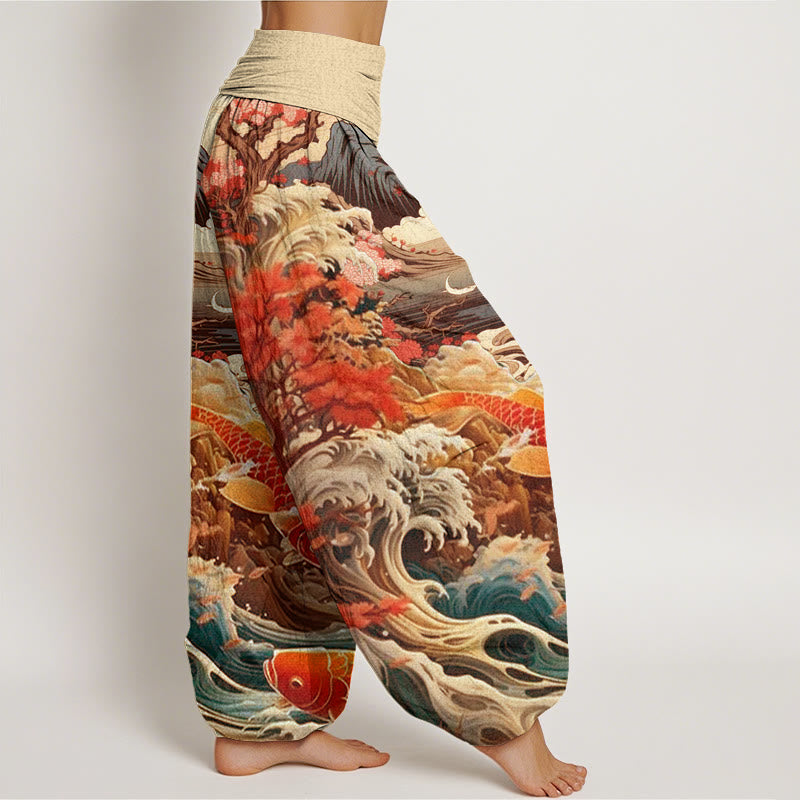 Spodnie haremowe damskie z elastyczną talią i motywem kwitnącego drzewa Koi z bawełny i falą w kształcie ryby Buddha Stones - image 9