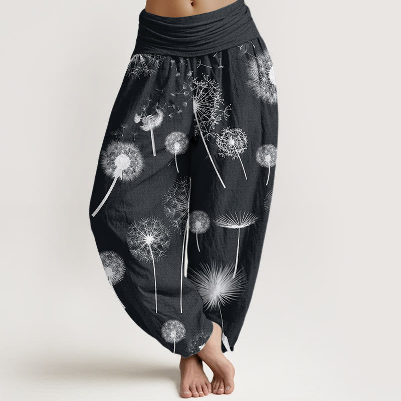 Spodnie haremki damskie z elastycznej talii z motywem mniszka lekarskiego i bawełny z Buddha Stones - Czarny - US22, UK/AU26, EU54 (6XL) - image 0