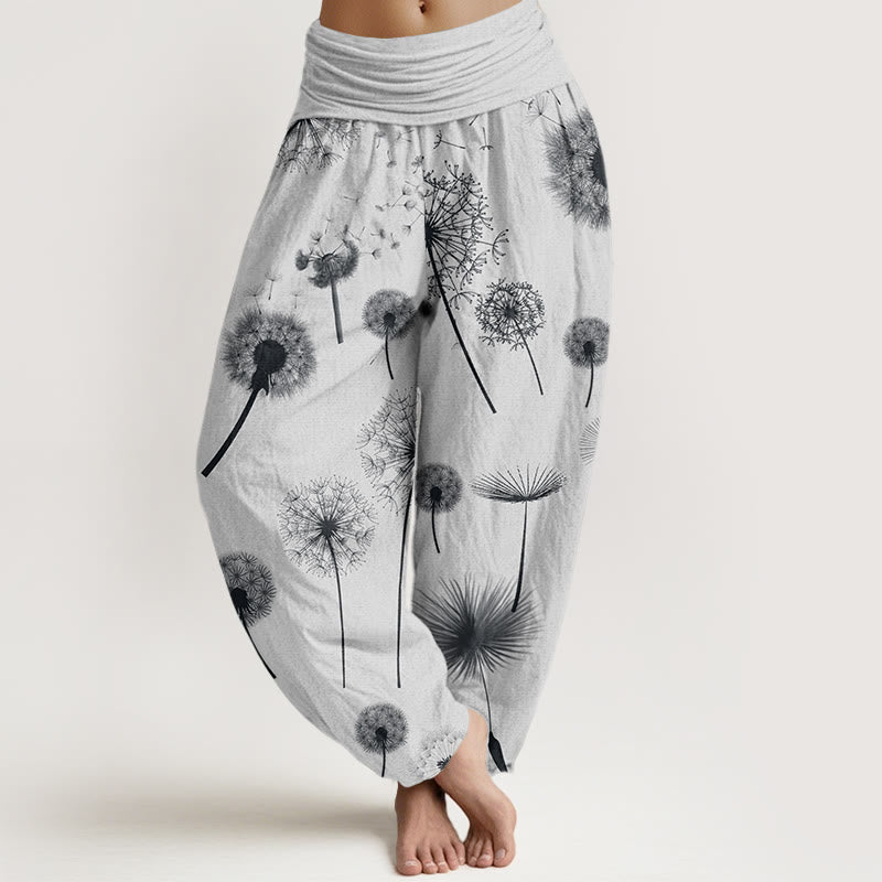 Spodnie haremki damskie z elastycznej talii z motywem mniszka lekarskiego i bawełny z Buddha Stones - Biały Dym - US22, UK/AU26, EU54 (6XL) - image 7