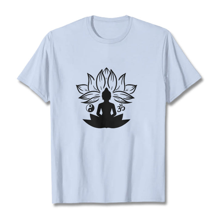 Buddha Stones Om Yin Yang Statua Buddy Siedzący Lotos Medytacja Koszulka T-shirt - Jasnoniebieski - 2XL - image 18