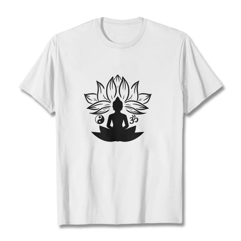 Buddha Stones Om Yin Yang Statua Buddy Siedzący Lotos Medytacja Koszulka T-shirt - Biały - 2XL - image 0