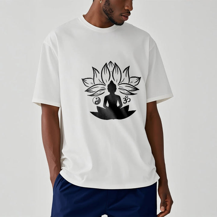 Buddha Stones Om Yin Yang Statua Buddy Siedzący Lotos Medytacja Koszulka T-shirt - image 1