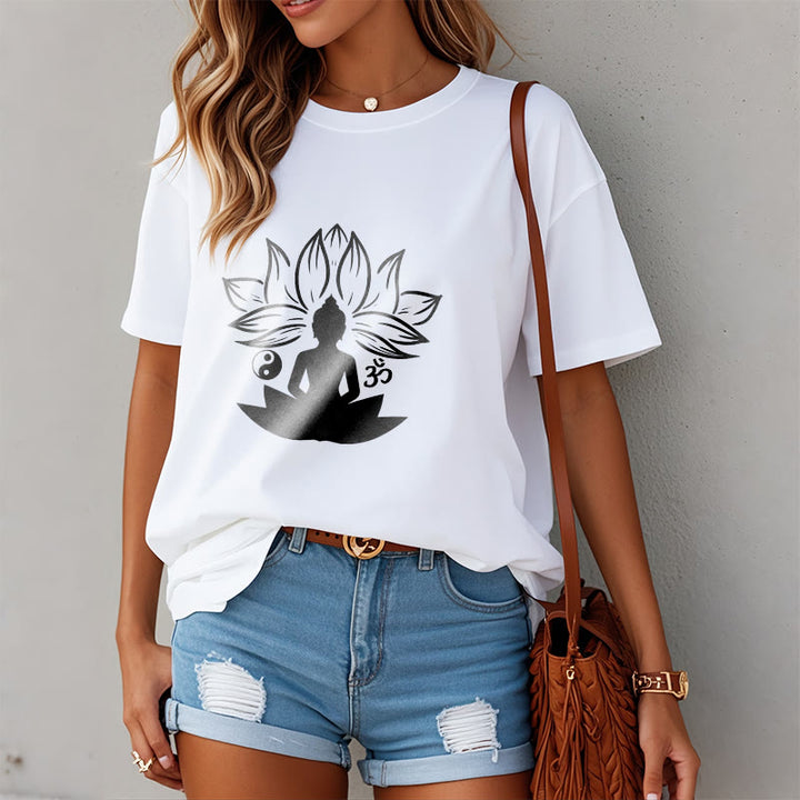 Buddha Stones Om Yin Yang Statua Buddy Siedzący Lotos Medytacja Koszulka T-shirt - image 3