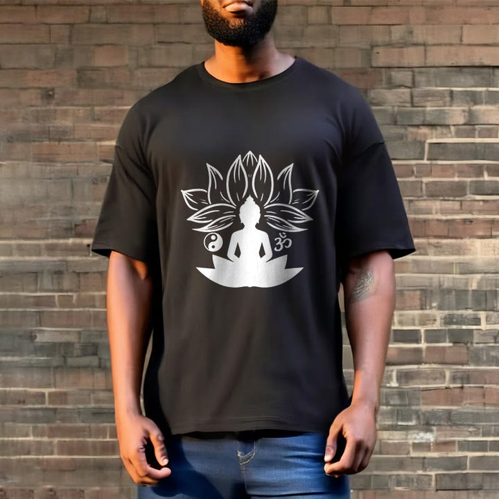 Buddha Stones Om Yin Yang Statua Buddy Siedzący Lotos Medytacja Koszulka T-shirt - image 5