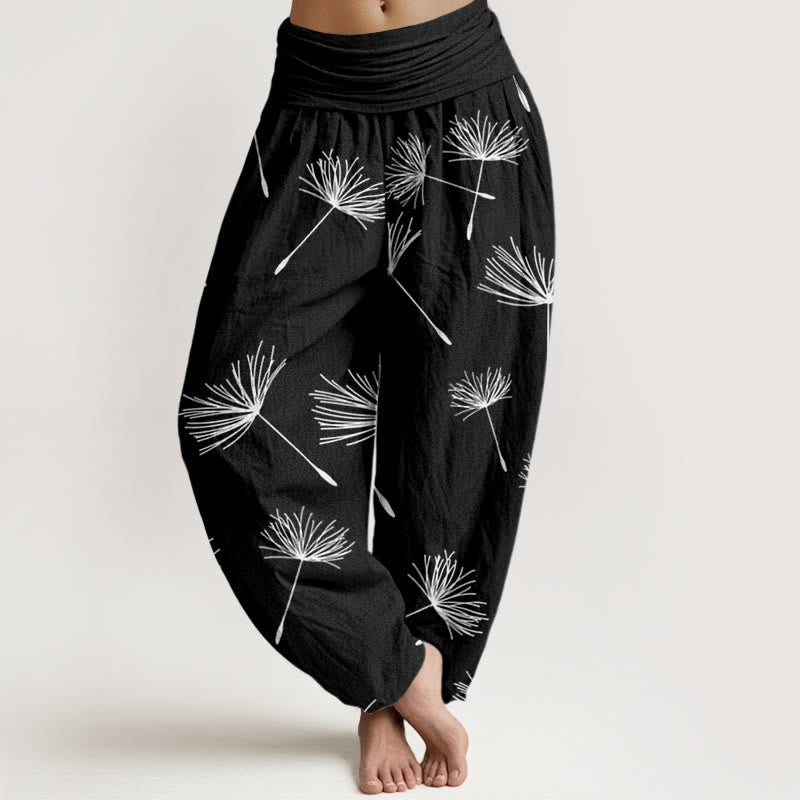 Buddha Stones Casual Cdrifting Dandelion Seed Pattern Damskie spodnie haremowe z elastyczną talią - Czarny - US22, UK/AU26, EU54 (6XL) - image 1
