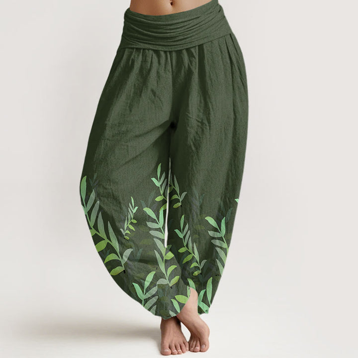 Spodnie haremowe damskie z elastycznym pasem i wzorem liści Buddha Stones - ForestGreen - US22, UK/AU26, EU54 (6XL) - image 5