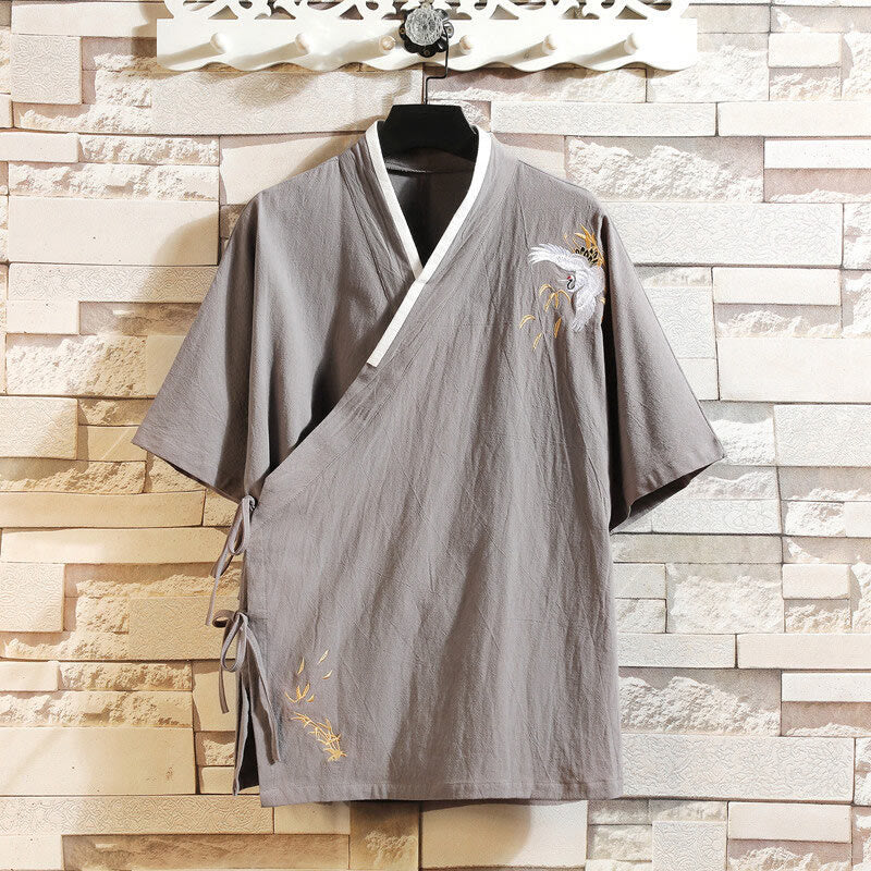 Koszulka męska z krótkim rękawem z bawełny i lnu z haftowanym wzorem żurawia i sznurowaniem po bokach, z motywem Buddha Stones - Srebrny - US/UK/AU46， EU56 (5XL) - image 10