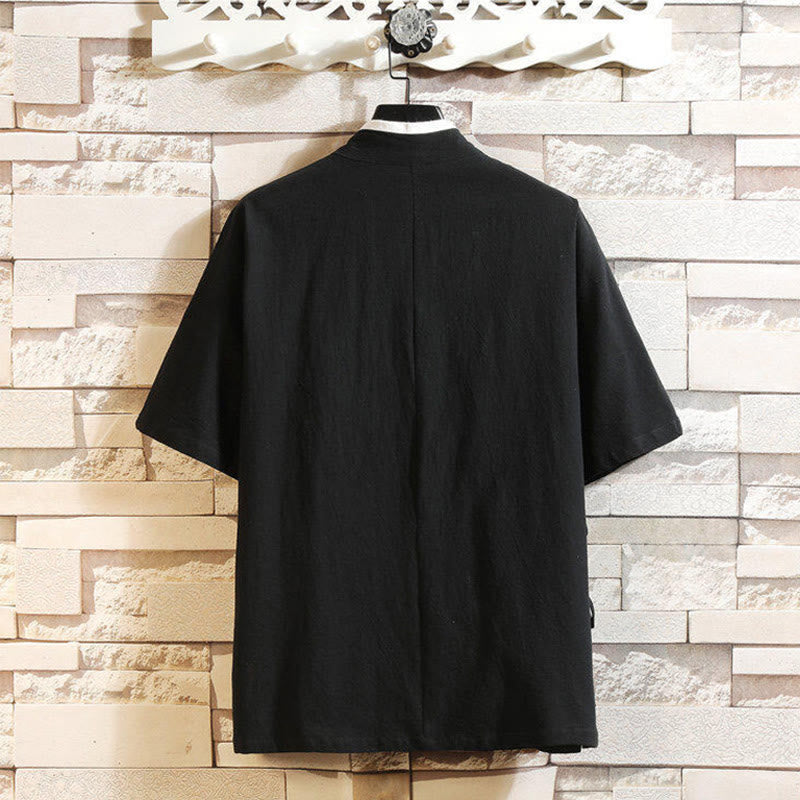 Koszulka męska z krótkim rękawem z bawełny i lnu z haftowanym wzorem żurawia i sznurowaniem po bokach, z motywem Buddha Stones - image 1