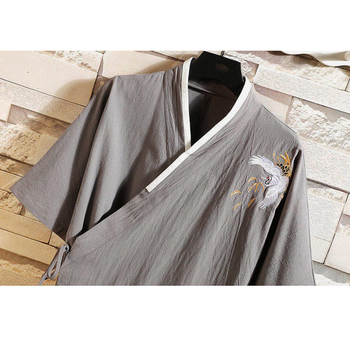 Koszulka męska z krótkim rękawem z bawełny i lnu z haftowanym wzorem żurawia i sznurowaniem po bokach, z motywem Buddha Stones - image 11