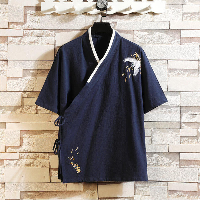 Koszulka męska z krótkim rękawem z bawełny i lnu z haftowanym wzorem żurawia i sznurowaniem po bokach, z motywem Buddha Stones - MidnightBlue - US/UK/AU46， EU56 (5XL) - image 13