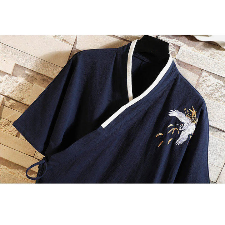 Koszulka męska z krótkim rękawem z bawełny i lnu z haftowanym wzorem żurawia i sznurowaniem po bokach, z motywem Buddha Stones - image 14