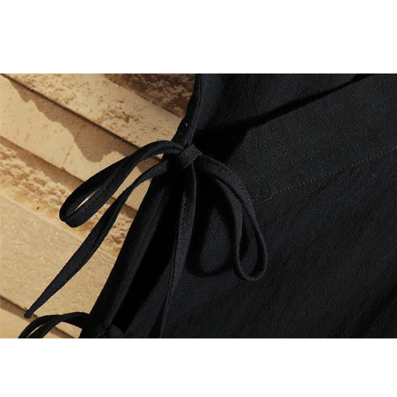 Koszulka męska z krótkim rękawem z bawełny i lnu z haftowanym wzorem żurawia i sznurowaniem po bokach, z motywem Buddha Stones - image 6