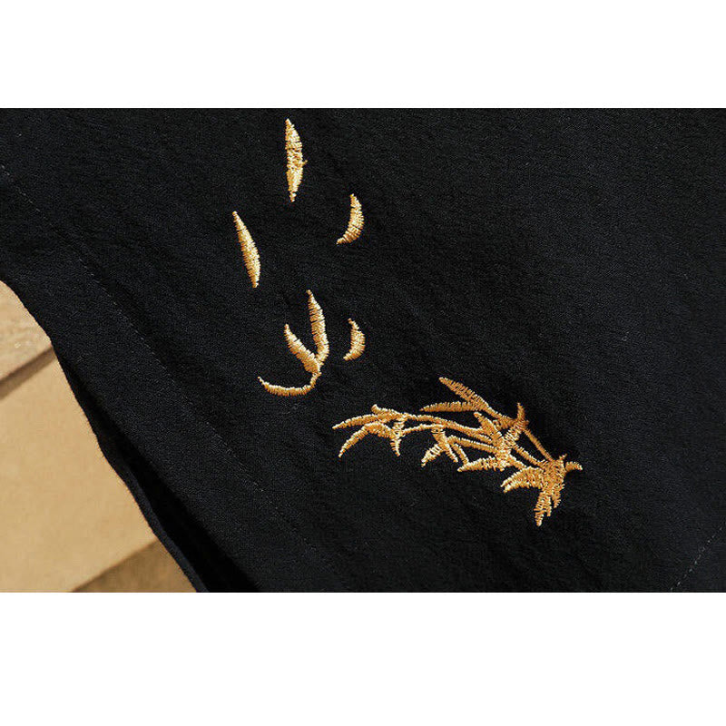 Koszulka męska z krótkim rękawem z bawełny i lnu z haftowanym wzorem żurawia i sznurowaniem po bokach, z motywem Buddha Stones - image 7