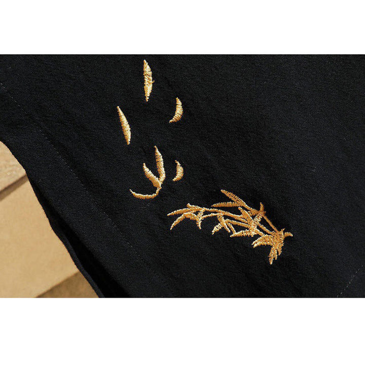 Koszulka męska z krótkim rękawem z bawełny i lnu z haftowanym wzorem żurawia i sznurowaniem po bokach, z motywem Buddha Stones - image 7