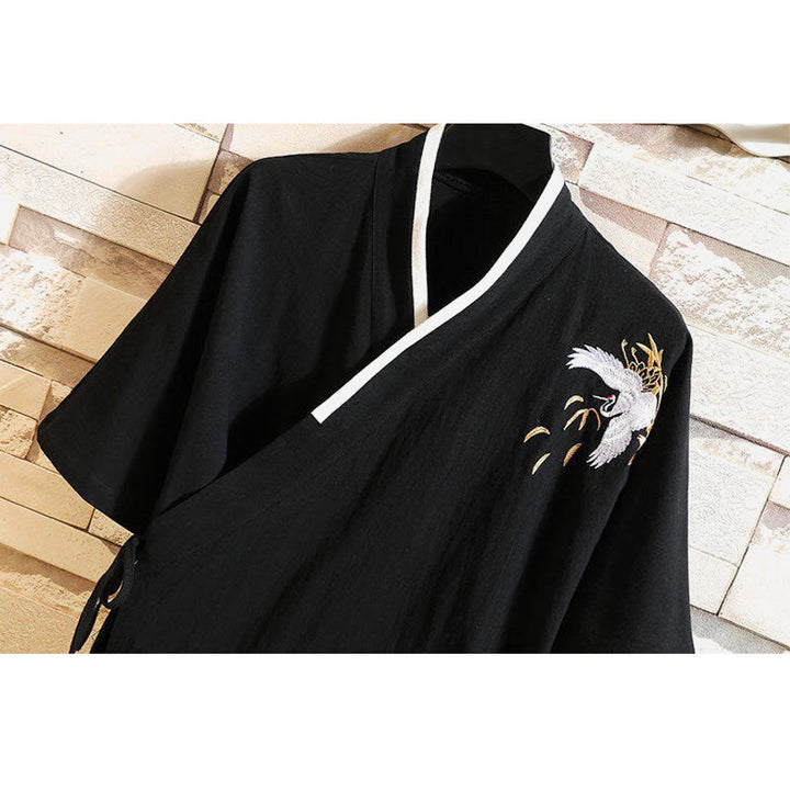 Koszulka męska z krótkim rękawem z bawełny i lnu z haftowanym wzorem żurawia i sznurowaniem po bokach, z motywem Buddha Stones - image 2