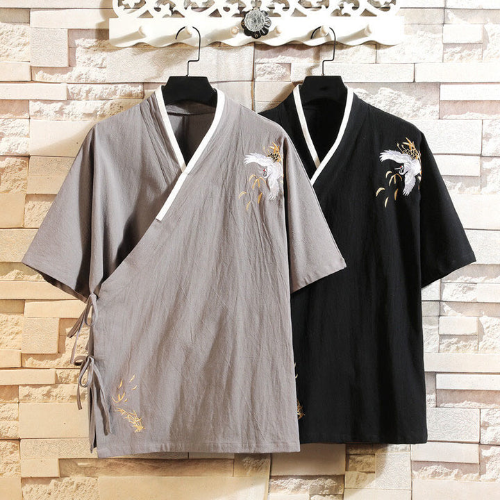 Koszulka męska z krótkim rękawem z bawełny i lnu z haftowanym wzorem żurawia i sznurowaniem po bokach, z motywem Buddha Stones - image 12