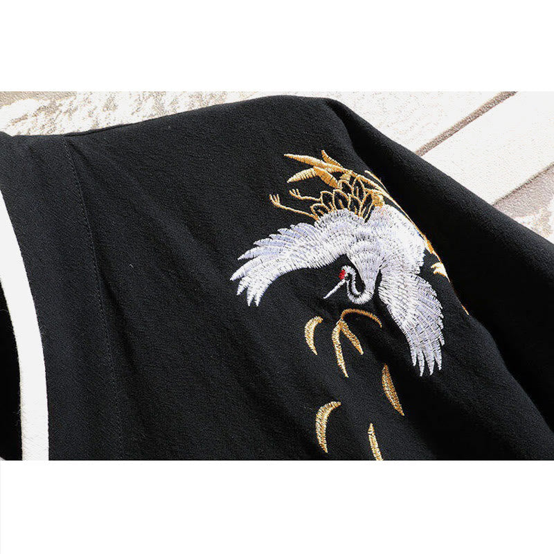 Koszulka męska z krótkim rękawem z bawełny i lnu z haftowanym wzorem żurawia i sznurowaniem po bokach, z motywem Buddha Stones - image 4