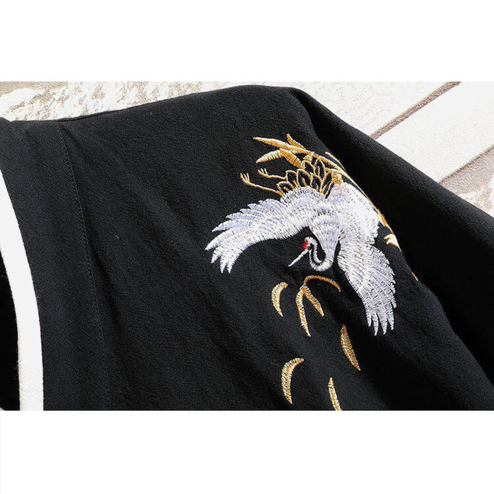 Koszulka męska z krótkim rękawem z bawełny i lnu z haftowanym wzorem żurawia i sznurowaniem po bokach, z motywem Buddha Stones - image 4