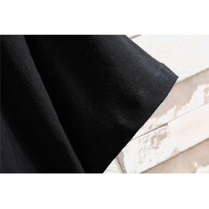 Koszulka męska z krótkim rękawem z bawełny i lnu z haftowanym wzorem żurawia i sznurowaniem po bokach, z motywem Buddha Stones - image 5