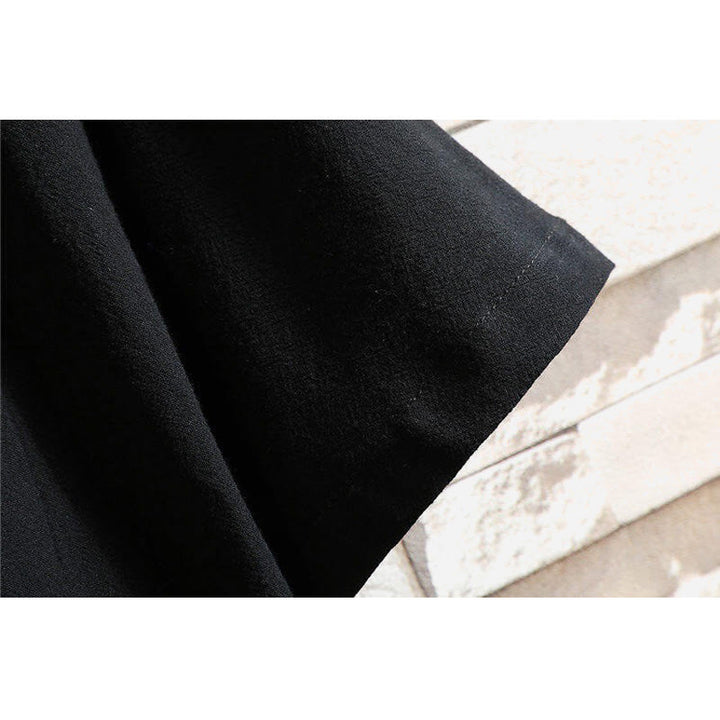 Koszulka męska z krótkim rękawem z bawełny i lnu z haftowanym wzorem żurawia i sznurowaniem po bokach, z motywem Buddha Stones - image 5