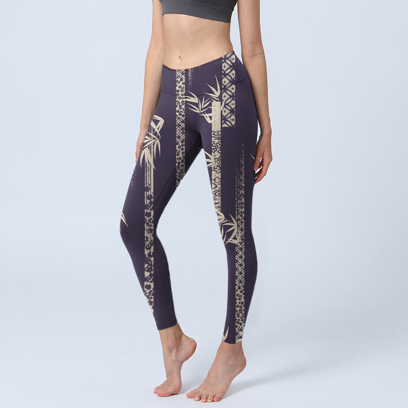 Buddha Stones Bambusowe Wzór Fal Wodnych Nadruk Legginsy Siłownia Damskie Spodnie Do Jogi - Czarny - US18, UK/AU22, EU50 (4XL) - image 1