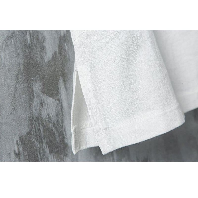 Koszula męska z krótkim rękawem z bawełny i lnu w stylu patchworku z nadrukiem żaby chińskiej z Buddha Stones - image 6