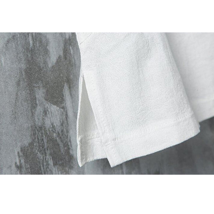 Koszula męska z krótkim rękawem z bawełny i lnu w stylu patchworku z nadrukiem żaby chińskiej z Buddha Stones - image 6