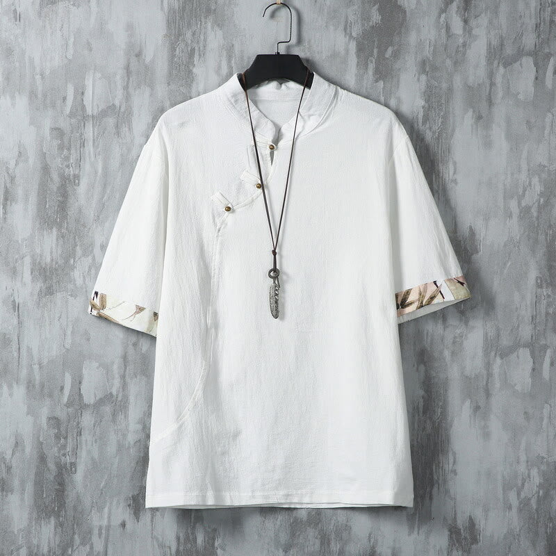 Koszula męska z krótkim rękawem z bawełny i lnu w stylu patchworku z nadrukiem żaby chińskiej z Buddha Stones - Biały - US/UK/AU46， EU56 (5XL) - image 1