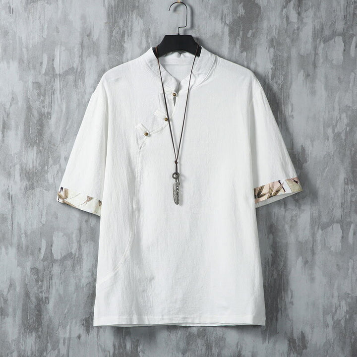 Koszula męska z krótkim rękawem z bawełny i lnu w stylu patchworku z nadrukiem żaby chińskiej z Buddha Stones - Biały - US/UK/AU46， EU56 (5XL) - image 1