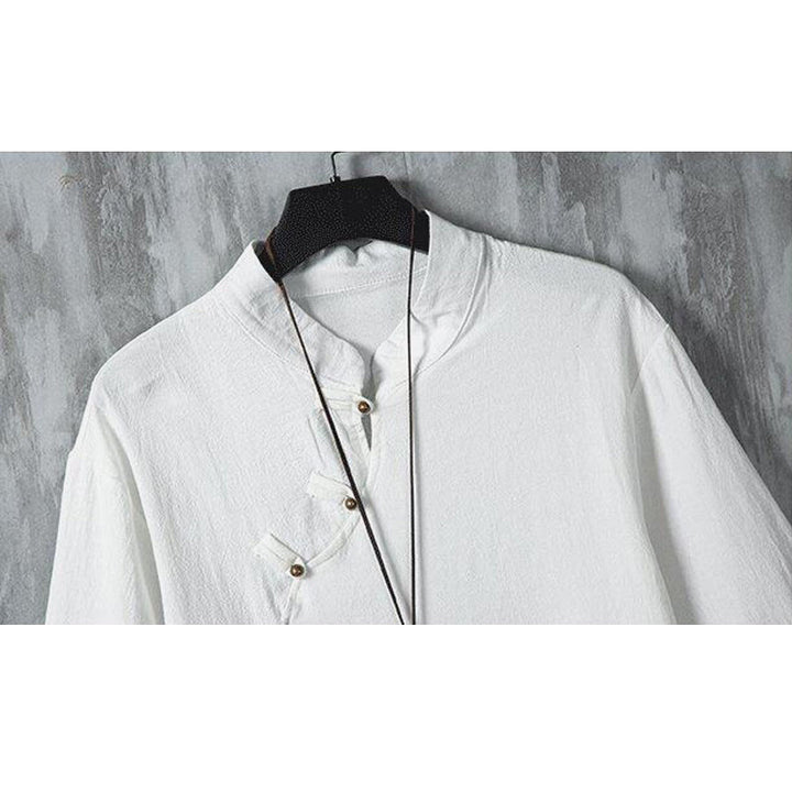 Koszula męska z krótkim rękawem z bawełny i lnu w stylu patchworku z nadrukiem żaby chińskiej z Buddha Stones - image 2