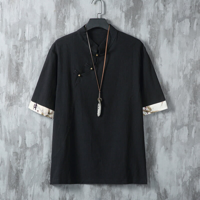 Koszula męska z krótkim rękawem z bawełny i lnu w stylu patchworku z nadrukiem żaby chińskiej z Buddha Stones - Czarny - US/UK/AU46， EU56 (5XL) - image 7