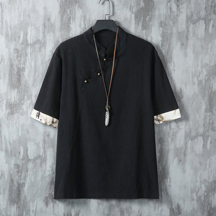 Koszula męska z krótkim rękawem z bawełny i lnu w stylu patchworku z nadrukiem żaby chińskiej z Buddha Stones - Czarny - US/UK/AU46， EU56 (5XL) - image 7