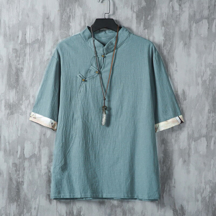 Koszula męska z krótkim rękawem z bawełny i lnu w stylu patchworku z nadrukiem żaby chińskiej z Buddha Stones - LightSeaGreen - US/UK/AU46， EU56 (5XL) - image 0