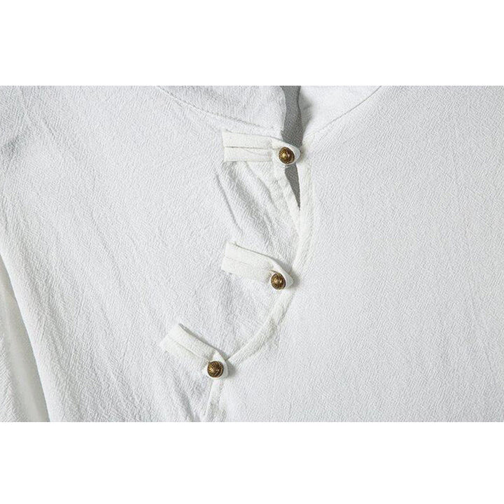 Koszula męska z krótkim rękawem z bawełny i lnu w stylu patchworku z nadrukiem żaby chińskiej z Buddha Stones - image 3