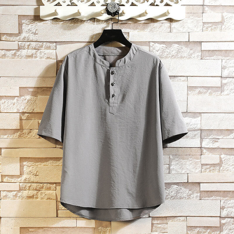 Koszula męska z krótkim rękawem i marynarką Buddha Stones Vintage Casual Solid Color - Szary - US/UK/AU46， EU56 (5XL) - image 0