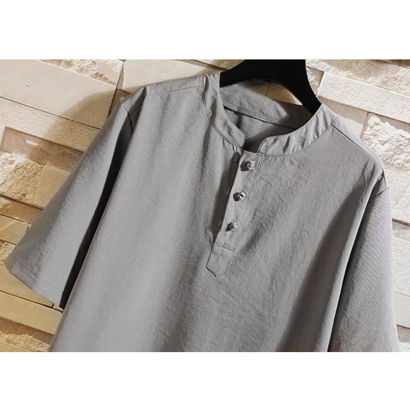 Koszula męska z krótkim rękawem i marynarką Buddha Stones Vintage Casual Solid Color - image 1