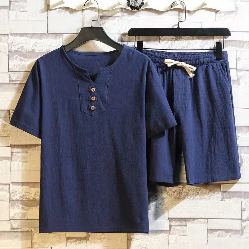 Buddha Stones, 2 sztuki, koszulka z krótkim rękawem, ściągacz, krótkie spodnie z kieszeniami, męski zestaw bawełniano-lnianych ubrań do medytacji - Marynarka wojenna - US/UK/AU46， EU56 (5XL) - image 0