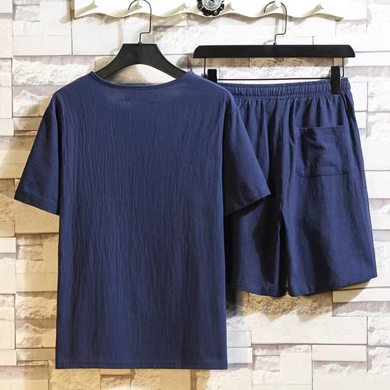 Buddha Stones, 2 sztuki, koszulka z krótkim rękawem, ściągacz, krótkie spodnie z kieszeniami, męski zestaw bawełniano-lnianych ubrań do medytacji - image 1