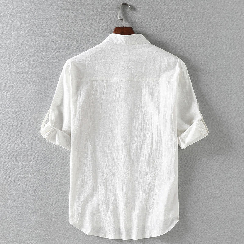 Koszula męska z bawełny i lnu Buddha Stones Vintage Casual Single Breasted z trzema czwartymi rękawami i kieszenią