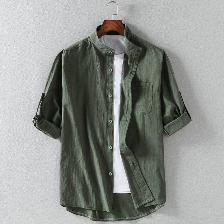 Koszula męska z bawełny i lnu Buddha Stones Vintage Casual Single Breasted z trzema czwartymi rękawami i kieszenią