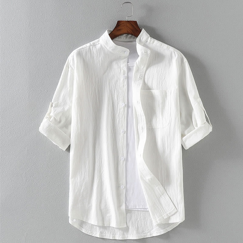 Koszula męska Buddha Stones Vintage Casual, jednorzędowa, z rękawem trzy czwarte i kieszenią - Biały - US/UK/AU46， EU56 (5XL) - image 1